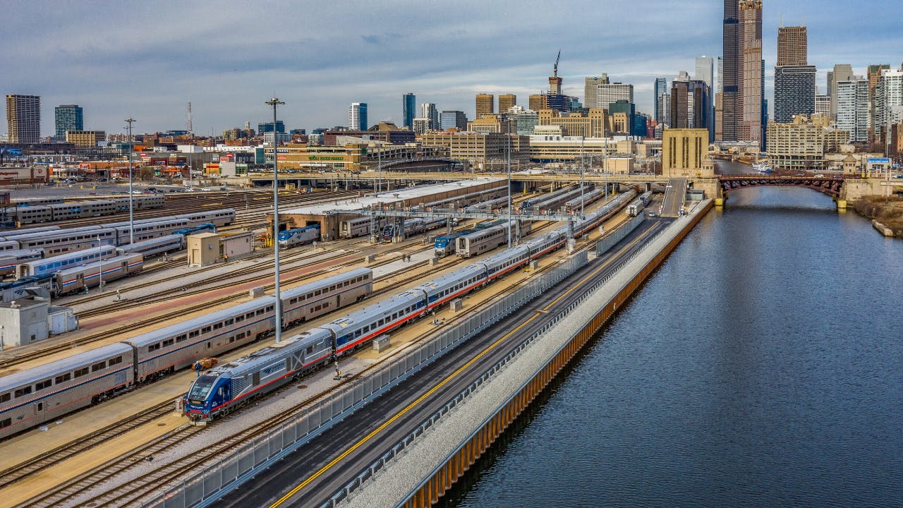 Amtrak trains overlooking the city of Chicago.