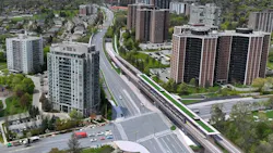 A rendering showing an aerial view of the elevated section of the Eglinton Crosstown West Extension. A rendering showing an aerial view of the elevated section of the Eglinton Crosstown West Extension.