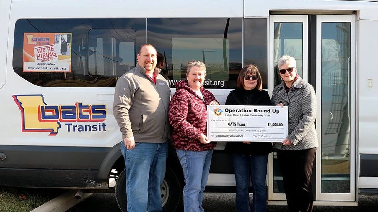 Cuivre River Electric Operation Round Up Coordinator Tim Schmidt; Cuivre River Electric Community Trust Board Member Blanche Kelly; OATS Transit Driver Gina Wehde and OATS Transit Regional Director Sheree Webb.