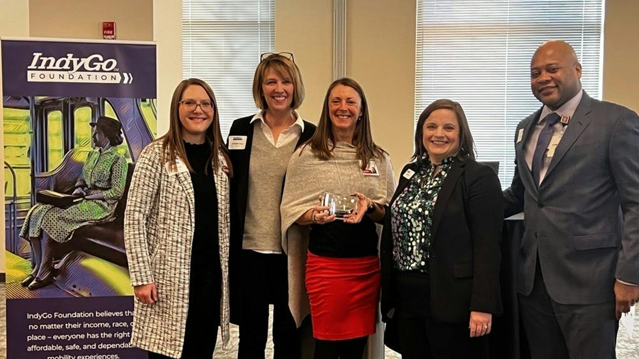 Pictured above, beginning from left to right: IU Health Project Manager Sarah Rush, IndyGo Interim President and CEO Jennifer Pyrz, IU Health Director of Government and External Affairs Jennifer Andres, IndyGo Foundation Executive Director Emily Meaux and IndyGo Board of Director Vice Chair Adairius Gardner