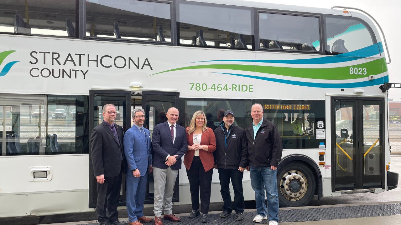 Strathcona County officials celebrate funding for the replacement of 25 buses.