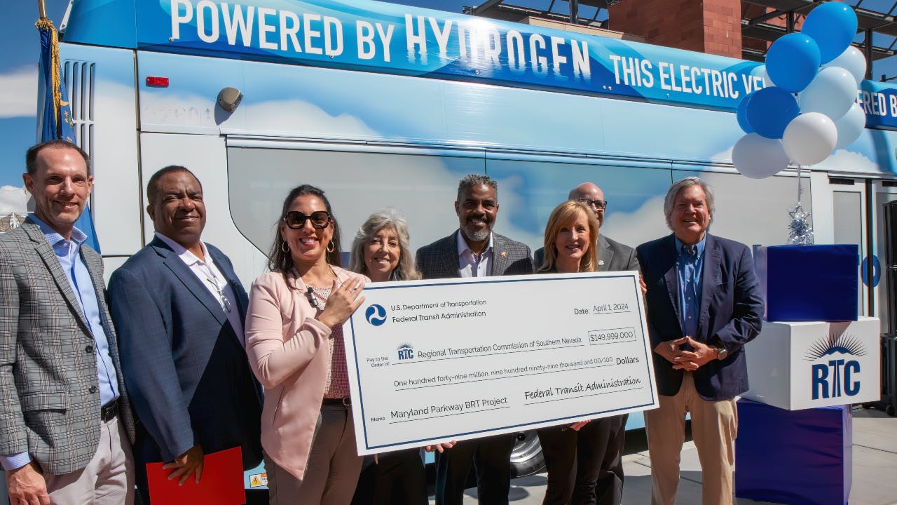 From left to right: Clark County Commissioner and RTC of Southern Nevada Chairman Justin Jones, UNLV President Dr. Keith Whitfield, FTA Acting Administrator Veronica Vanterpool, Rep. Dina Titus (D-NV), Rep. Steven Horsford (D-NV), RTC of Southern Nevada CEO M.J. Maynard, Las Vegas Councilman and RTC Commissioner Brian Knudsen, Clark County Chairman and RTC Commissioner Tick Segerblom.