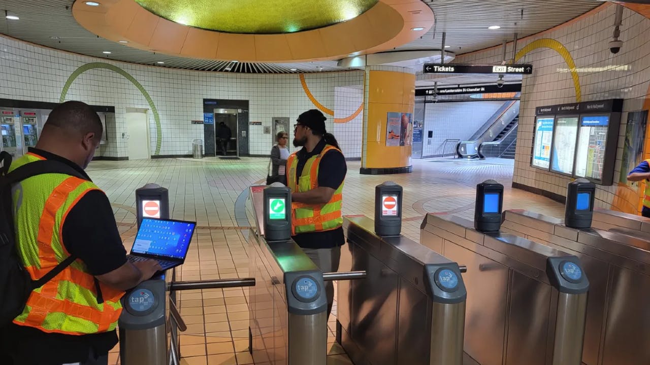 L.A. Metro launches &lsquo;tap to exit&rsquo; pilot on North Hollywood B Line station.
