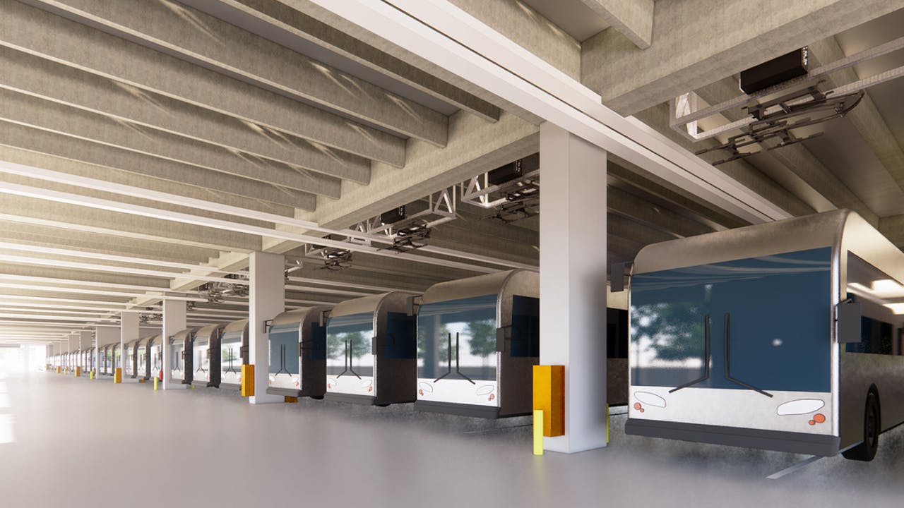 One of the design innovations is the retractable platform to reach the bus rooftops, where batteries are charged, which allows maintenance staff to step directly onto and off of the roof.