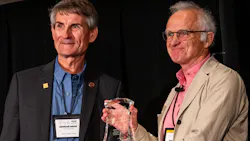 Stuart Grassie (right), principal, Rail Measurement Limited / Stuart Grassie Engineering Limited receives the Worth Award from Wheel Rail Seminars founder Gordon Bachinsky (left). Stuart Grassie (right), principal, Rail Measurement Limited / Stuart Grassie Engineering Limited receives the Worth Award from Wheel Rail Seminars founder Gordon Bachinsky (left).