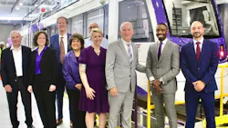 The MDOT MTA and the Purple Line project team celebrated the arrival of the first Purple Line light-rail vehicle on July 11. The MDOT MTA and the Purple Line project team celebrated the arrival of the first Purple Line light-rail vehicle on July 11.