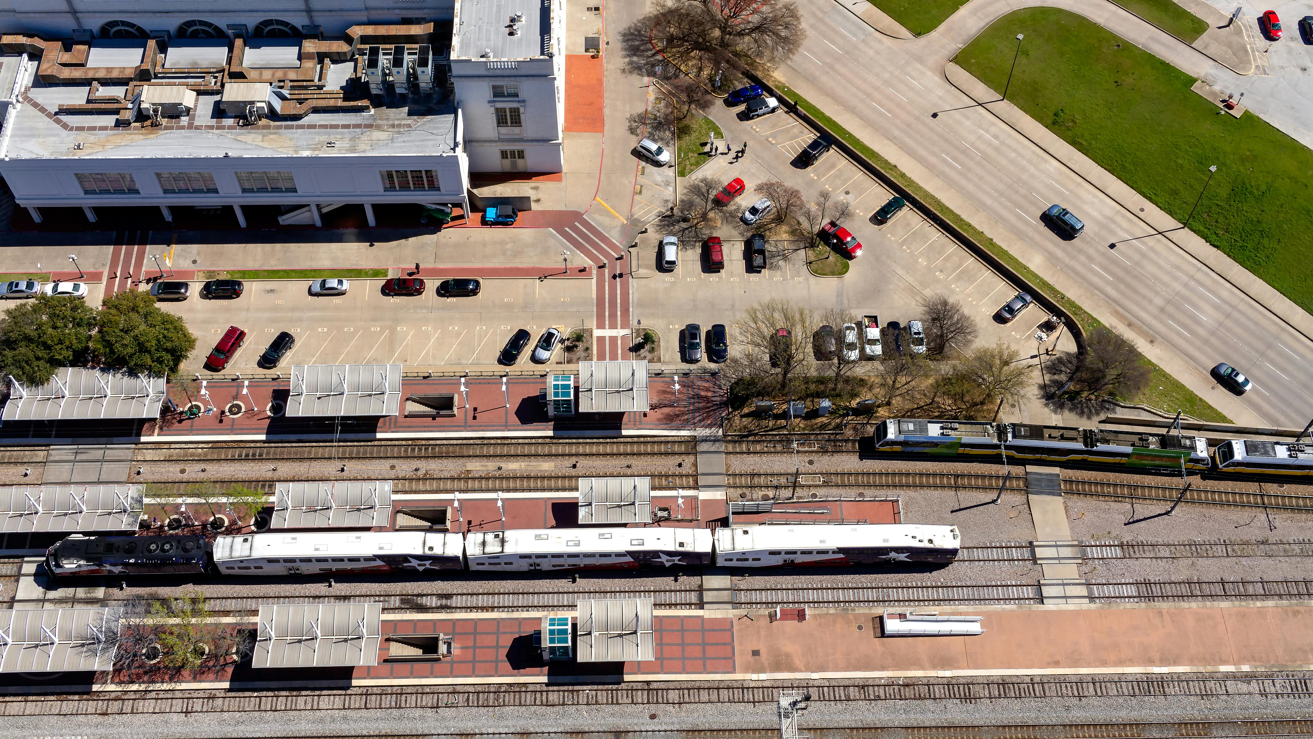 Trains at Union Station in Dallas, Texas.
