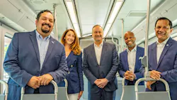 U.S. Second Gentleman rides streetcar with local and federal officials (L to R): City of Mesa, Ariz., Vice Mayor Francisco Heredia, Valley Metro CEO Jessica Mefford-Miller, U.S. Second Gentleman Douglas Emhoff, City of Tempe, Ariz., Mayor Corey Woods and Federal Transit Administration Region IX Administrator Ray Tellis. U.S. Second Gentleman rides streetcar with local and federal officials (L to R): City of Mesa, Ariz., Vice Mayor Francisco Heredia, Valley Metro CEO Jessica Mefford-Miller, U.S. Second Gentleman Douglas Emhoff, City of Tempe, Ariz., Mayor Corey Woods and Federal Transit Administration Region IX Administrator Ray Tellis.