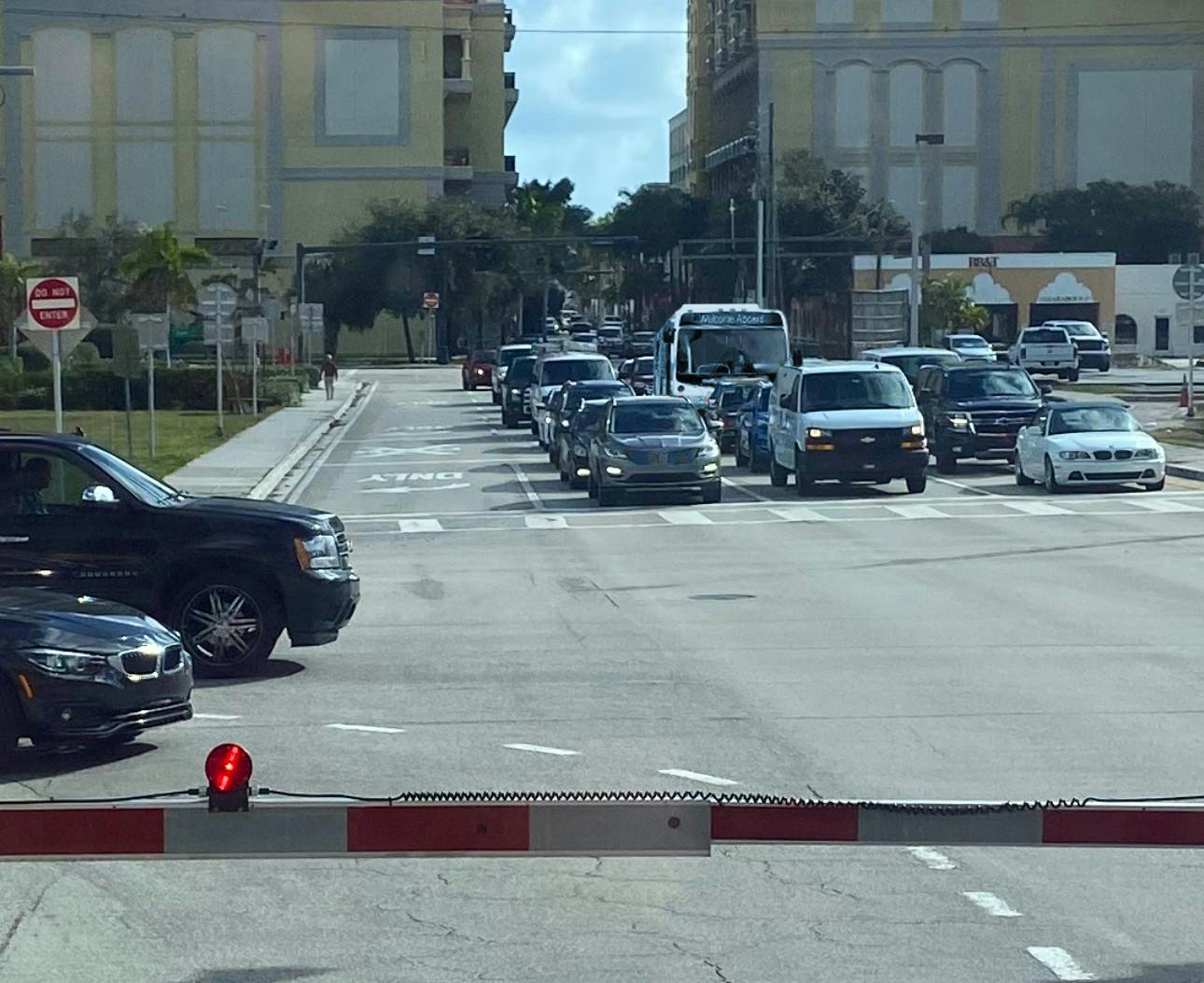 Traffic congestion during a traffic signal preemption triggered by train arrivals.