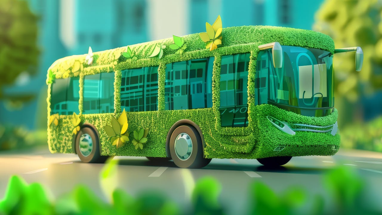 The introduction of an ecofriendly bus that filters pollution as it travels is revolutionizing public transportation and urban air quality HUD icon of green transportation.