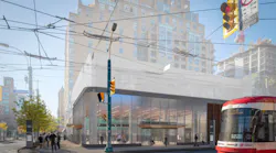 Future Ontario Line station building at the southwest corner of Queen Street West and Spadina Avenue. Future Ontario Line station building at the southwest corner of Queen Street West and Spadina Avenue.