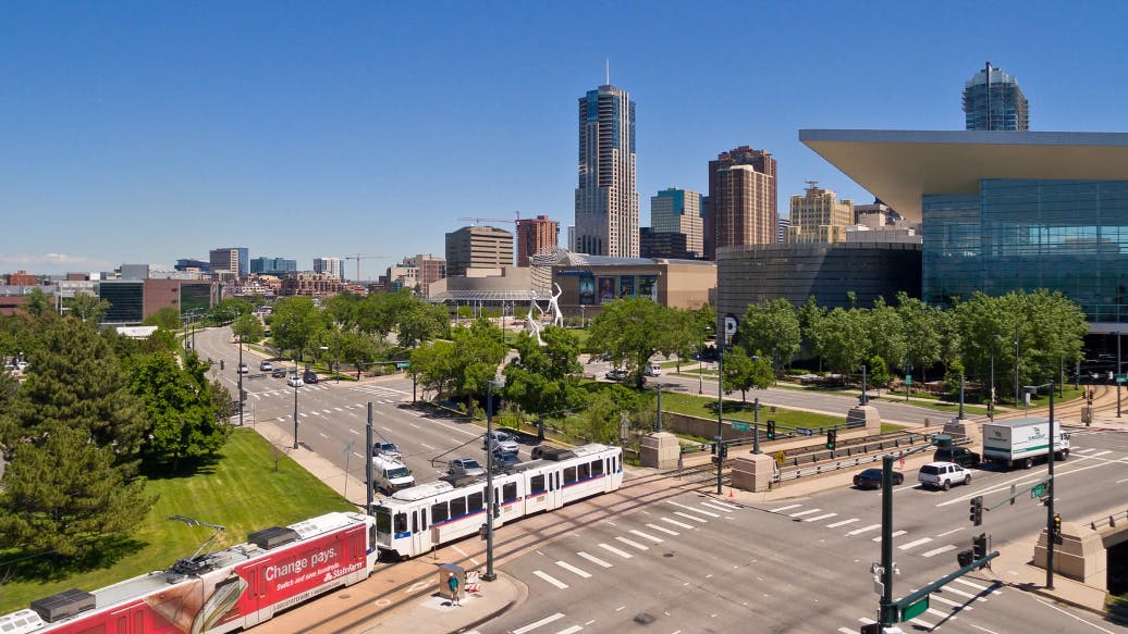 A Denver RTD train overlooking the city.