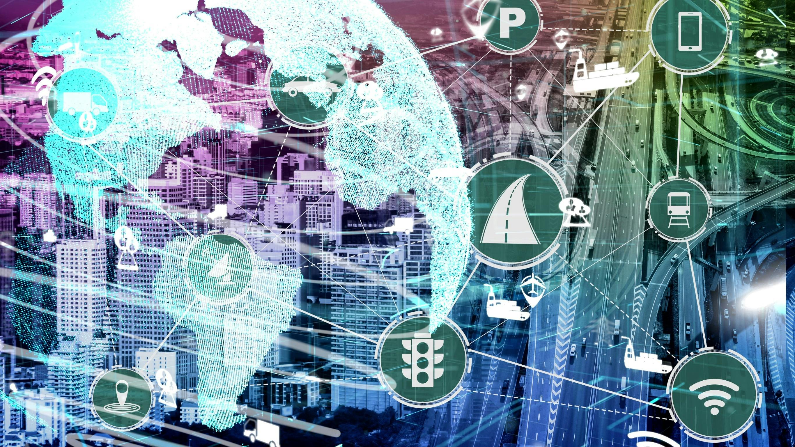 Tech themed image with city and highway in background with globe and mobility icon overlay
