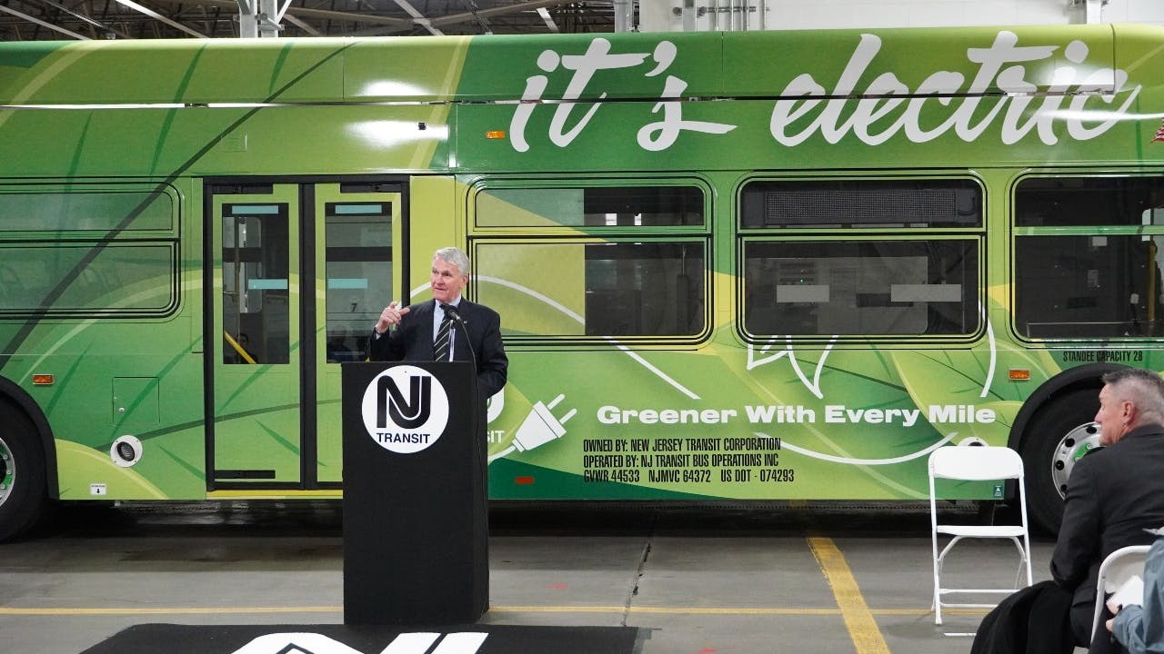 NJ Transit President and CEO Kevin S. Corbett speaks at an Oct. 4, 2022, event unveiling NJ Transit's first battery-electric bus.