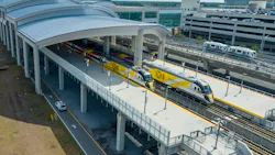 Brightline trains in Orlando Station. Brightline trains in Orlando Station.