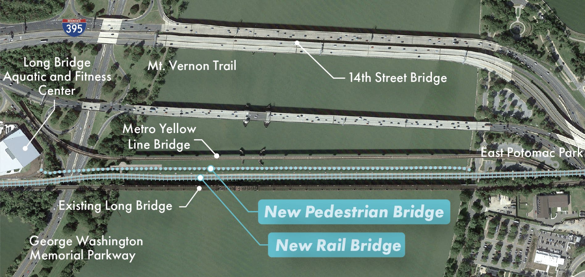 project map shows where new rail bridge and new pedestrian bridge connect to current infrastructure