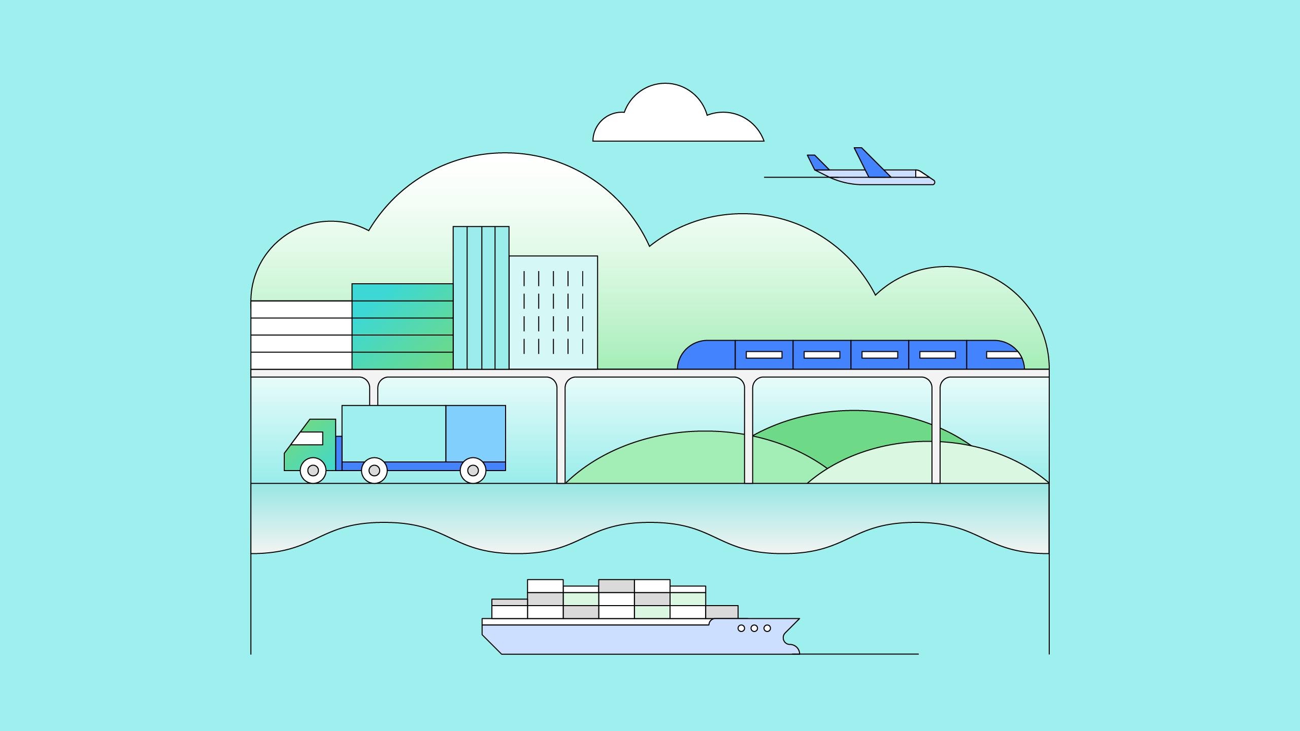 graphic with boat, freight truck, light rail and airplane integrated into a cityscape