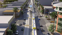 Aerial rendering of the East San Fernando Valley light rail project line on Van Nuys Boulevard at Victory Boulevard. Aerial rendering of the East San Fernando Valley light rail project line on Van Nuys Boulevard at Victory Boulevard.