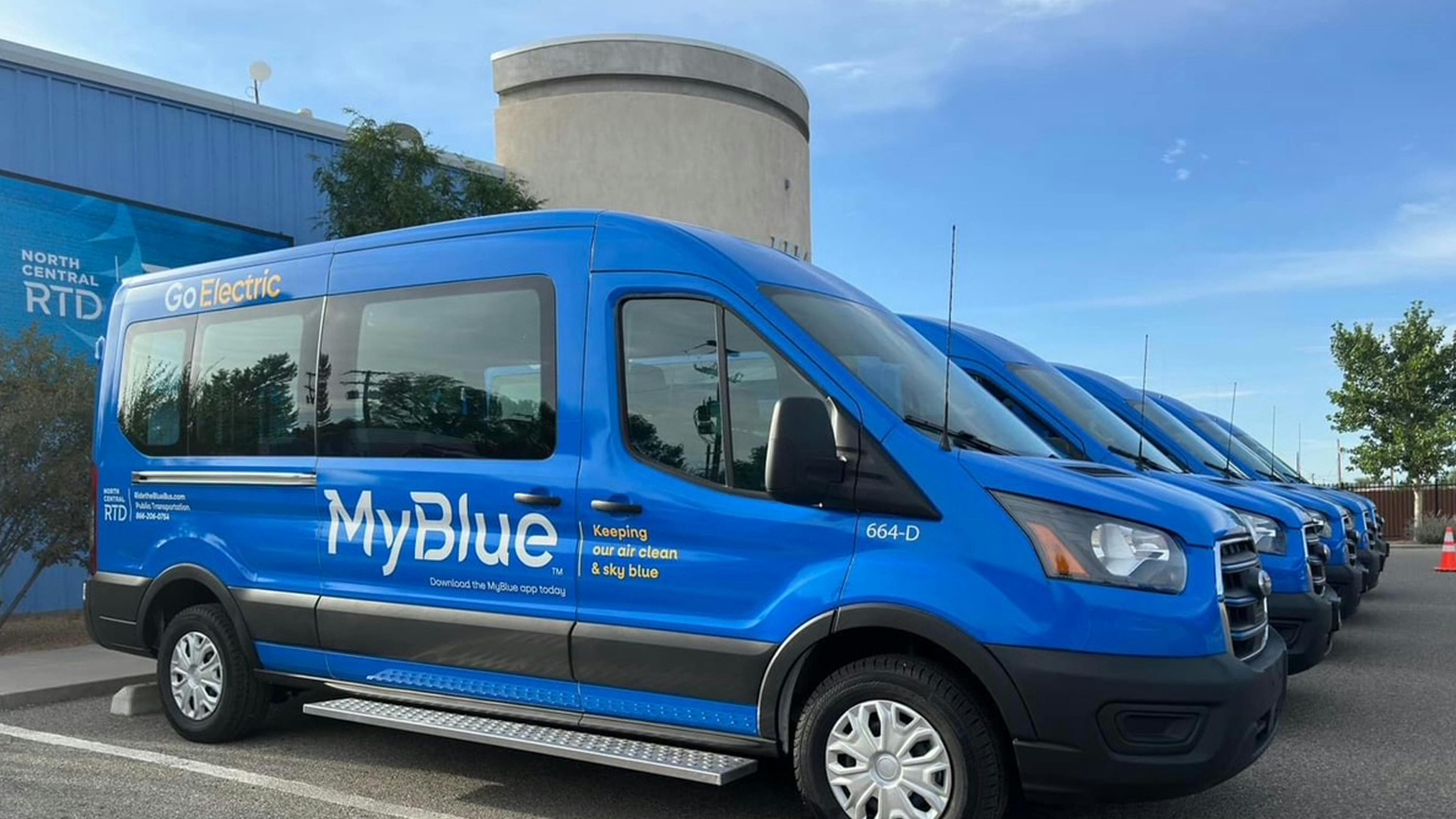 The Blue Bus MyBlue microtransit van.