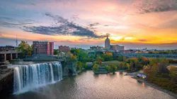 picture of Rochester NY's skyline at sunset with water fall picture of Rochester NY's skyline at sunset with water fall