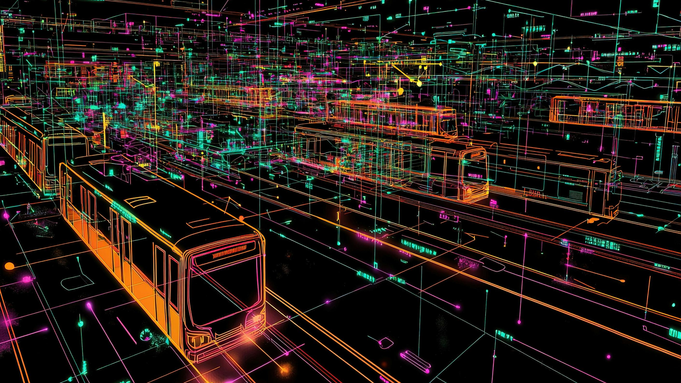 AI generated graphic of train outlines intertwined in data matrix