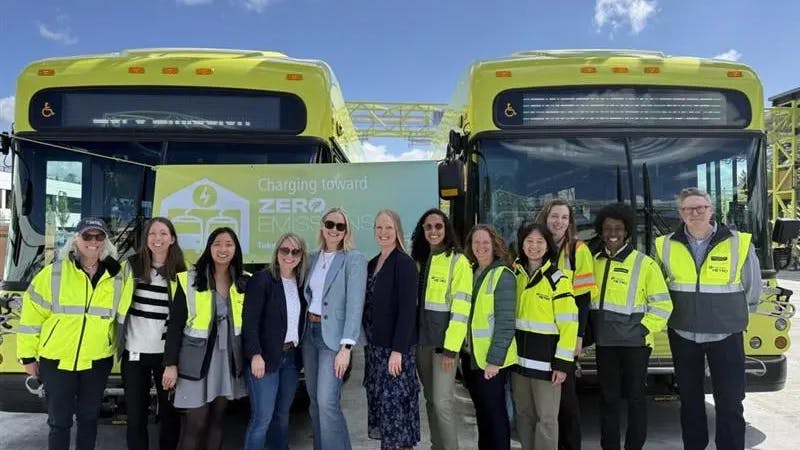 King County Executive Shannon Braddock and King County Metro General Manager Michelle Allison are joined by King County&rsquo;s Executive Climate Director Marissa Aho (to the right of Braddock) and King County Metro&rsquo;s Zero Emission and Sustainability Teams.