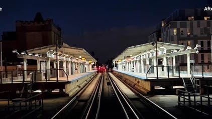 Lighting upgrades performed as part of CTA's Refresh & Renew program; left shows the platform lighting at Belmont Station before upgrades, while the right side has the new lighting installed.