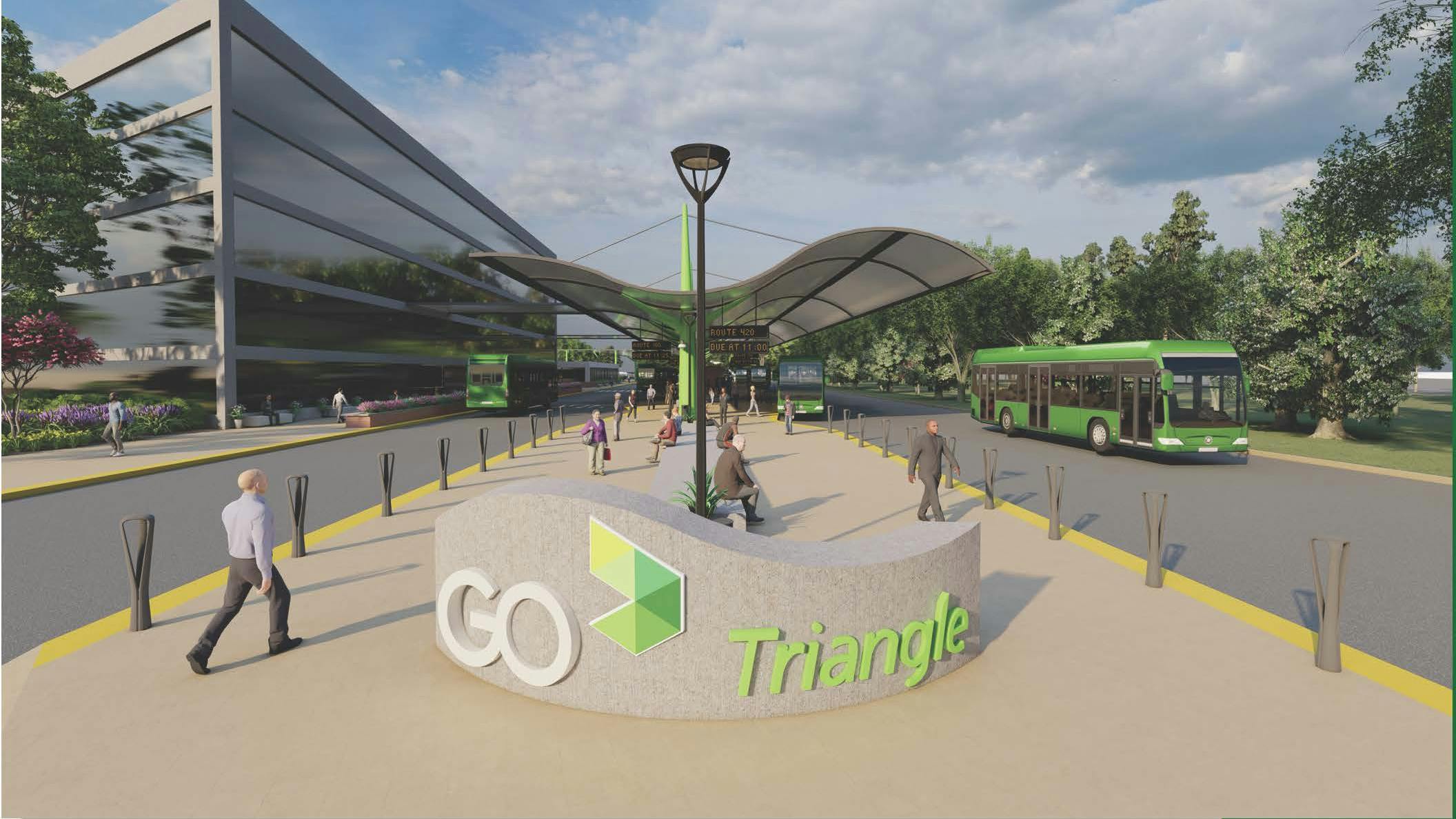 rendering of GoTriangle Mobility Hub with bus lanes on either side of a canopy