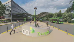 rendering of GoTriangle Mobility Hub with bus lanes on either side of a canopy rendering of GoTriangle Mobility Hub with bus lanes on either side of a canopy