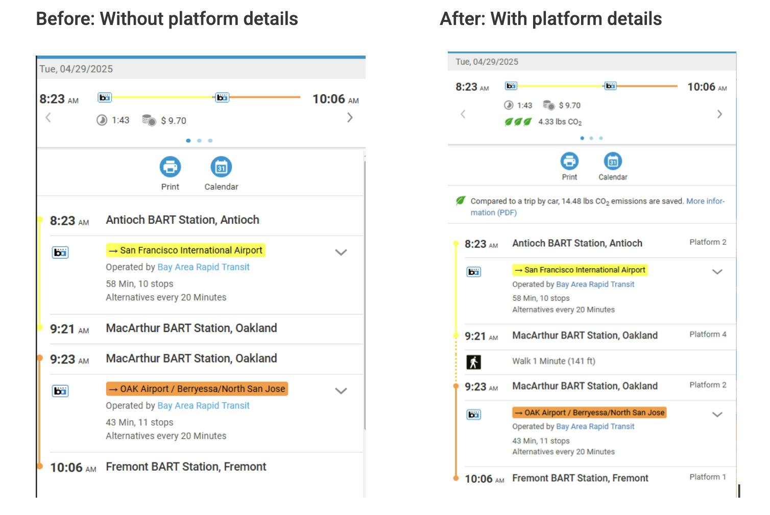 BART trip planner shows station and trip information with platform number on the right