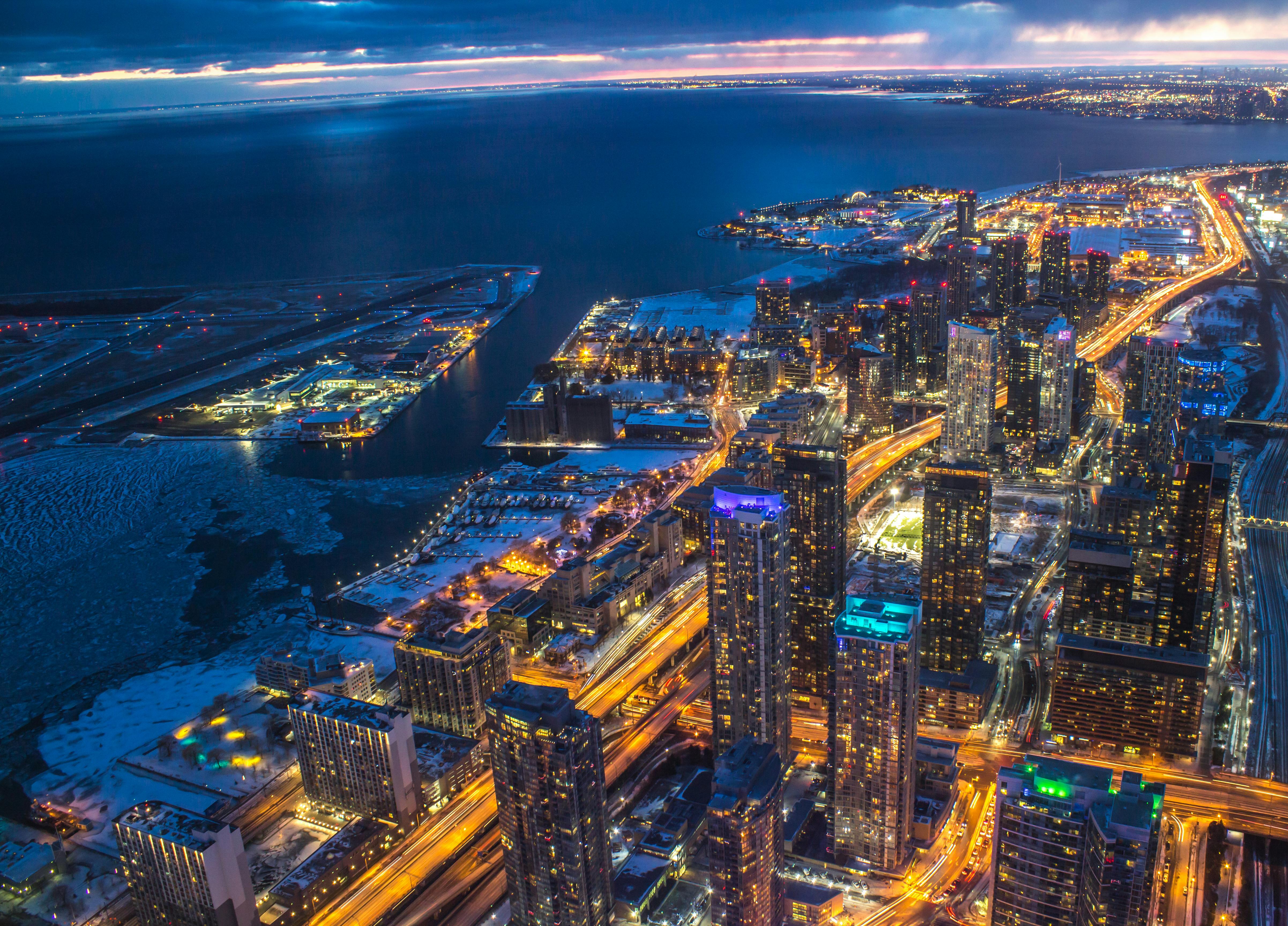 Toronto skyline at night from birds eye view
