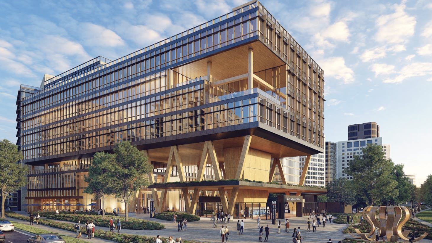 rendering of life sciences building with larger WMATA rail station in the lobby