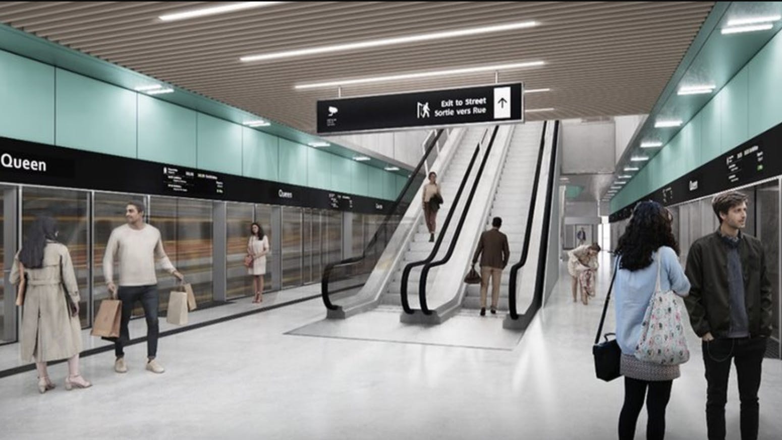 rendering of future queen station underground with escalators and platform doors