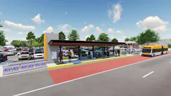 A rendering of the BRT project showing a bus in a dedicated bus lane approaching a station. A rendering of the BRT project showing a bus in a dedicated bus lane approaching a station.