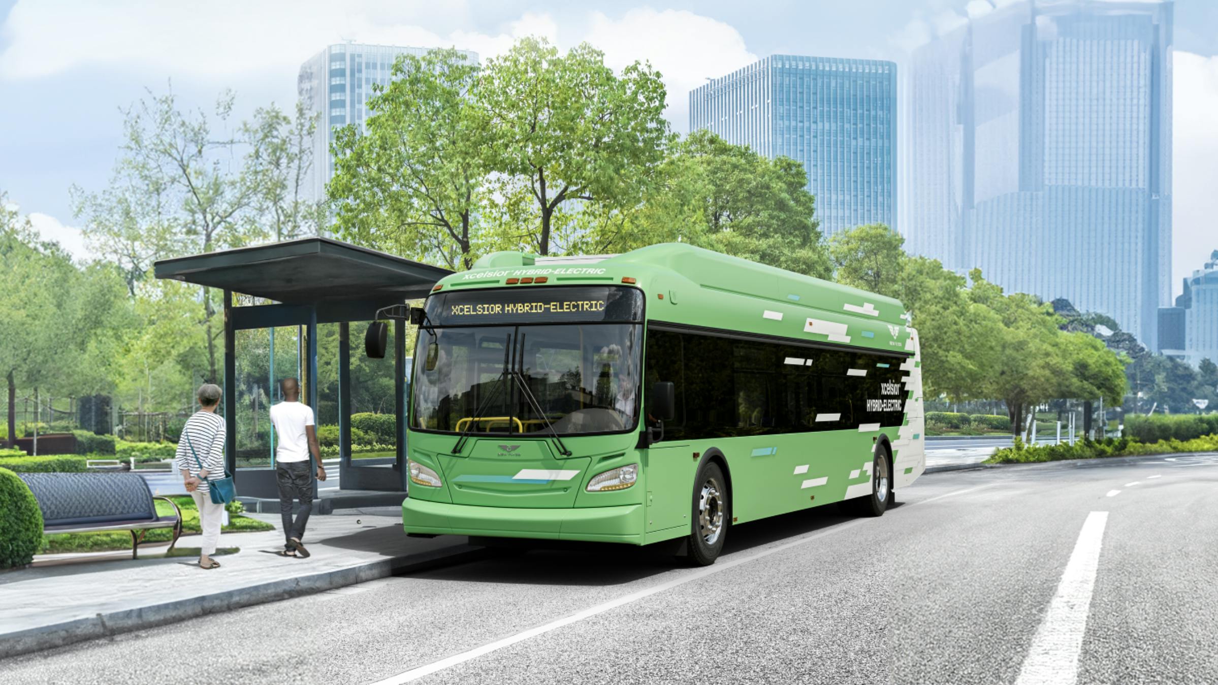 rendering of New Flyer's Xcelsior hybrid-electric 35 foot bus with bus outside a bus shelter