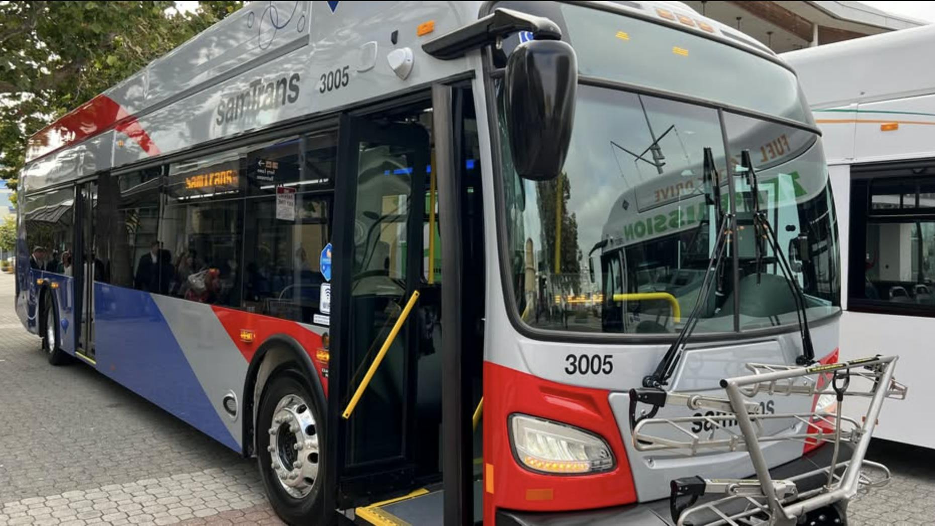 A SamTrans bus parks on the street under a tree