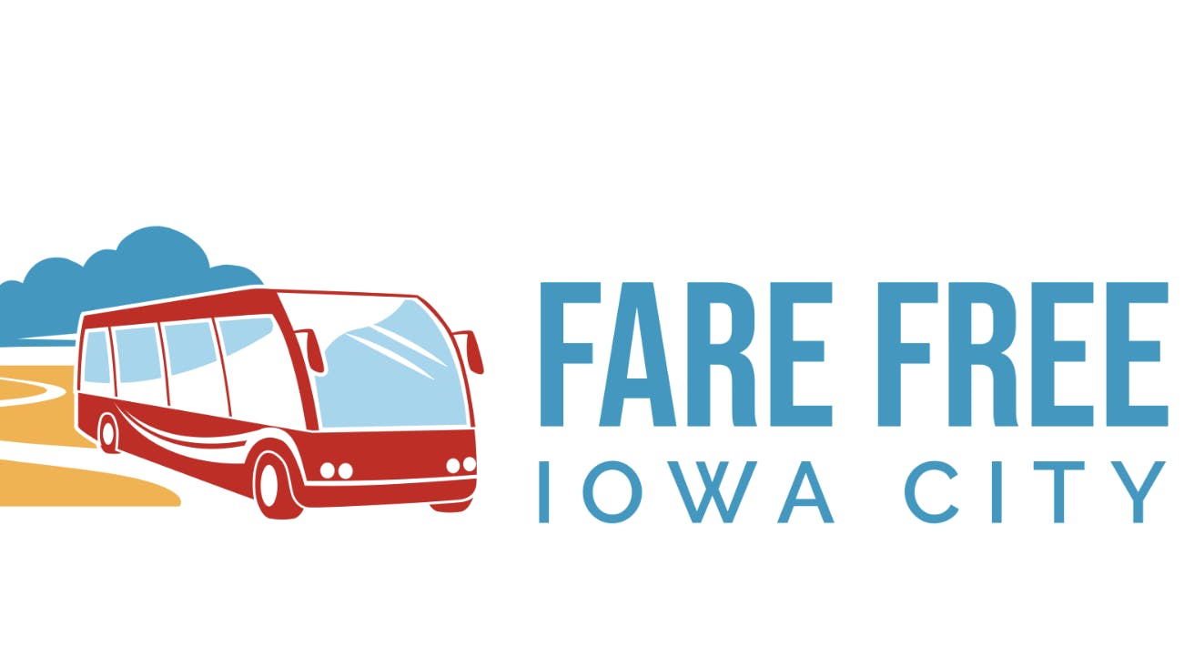 graphic with a red bus and blue clouds that says fare free iowa city