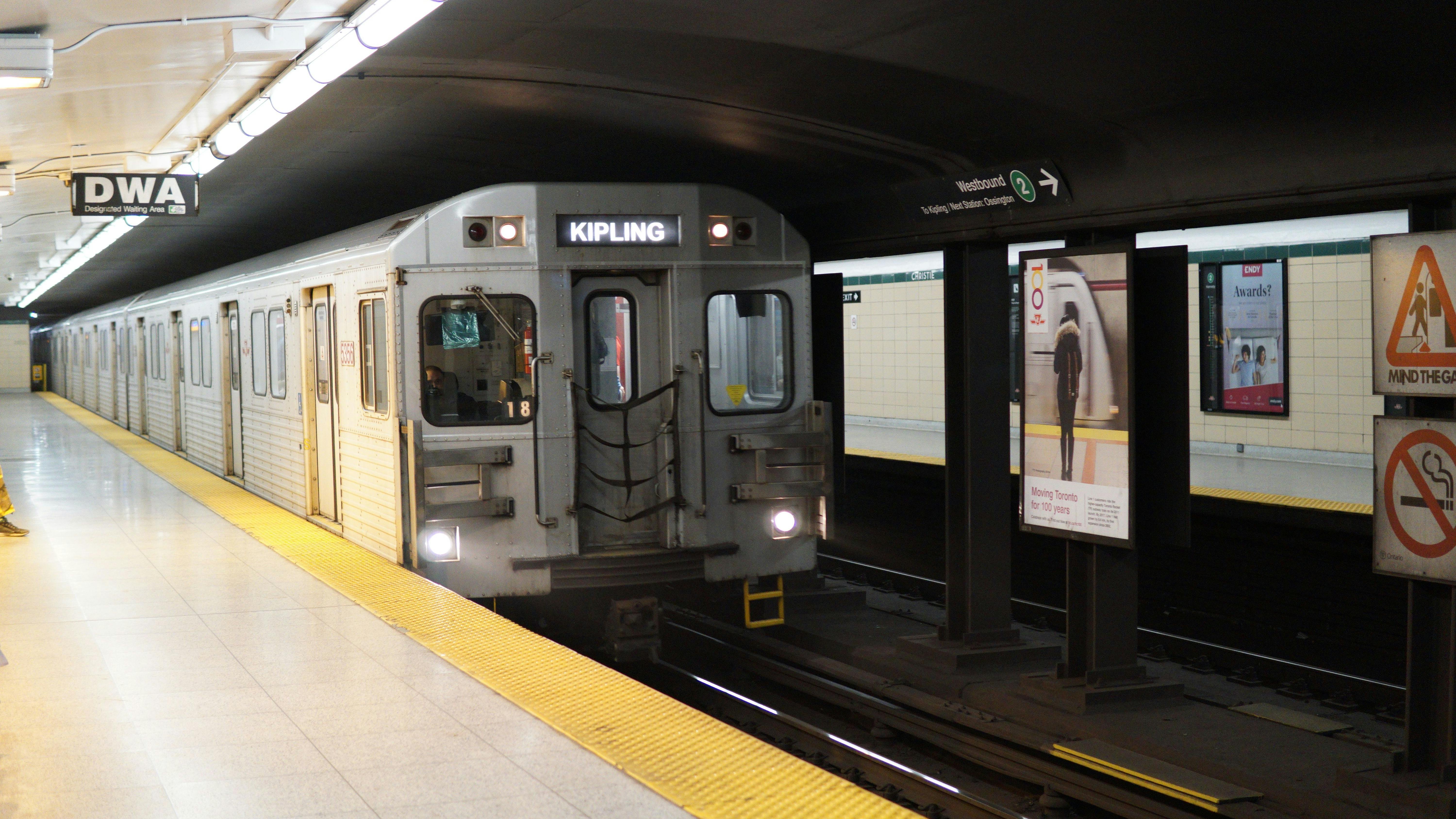 A TTC line 2 subway train arriving at Christie Station in Toronto, Canada.