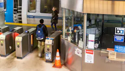A BART station entrance featuring payment terminals. A BART station entrance featuring payment terminals.
