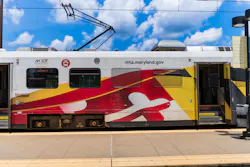 A Maryland Transit Authority train sits at a station. A Maryland Transit Authority train sits at a station.