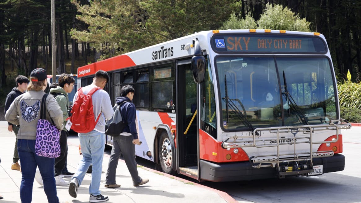 Students getting on a SamTrans bus.