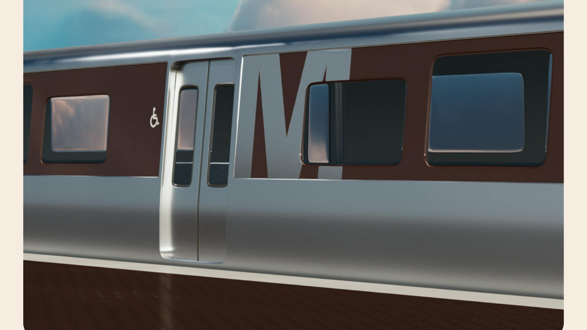 The image shows a mockup of what the new WMATA 8000-series rail car livery will look like. It features a dark colored wrap with the Metro M shown using negative space cut from the wrap.