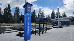 sign post that says community line with bus shelter and bench in background sign post that says community line with bus shelter and bench in background