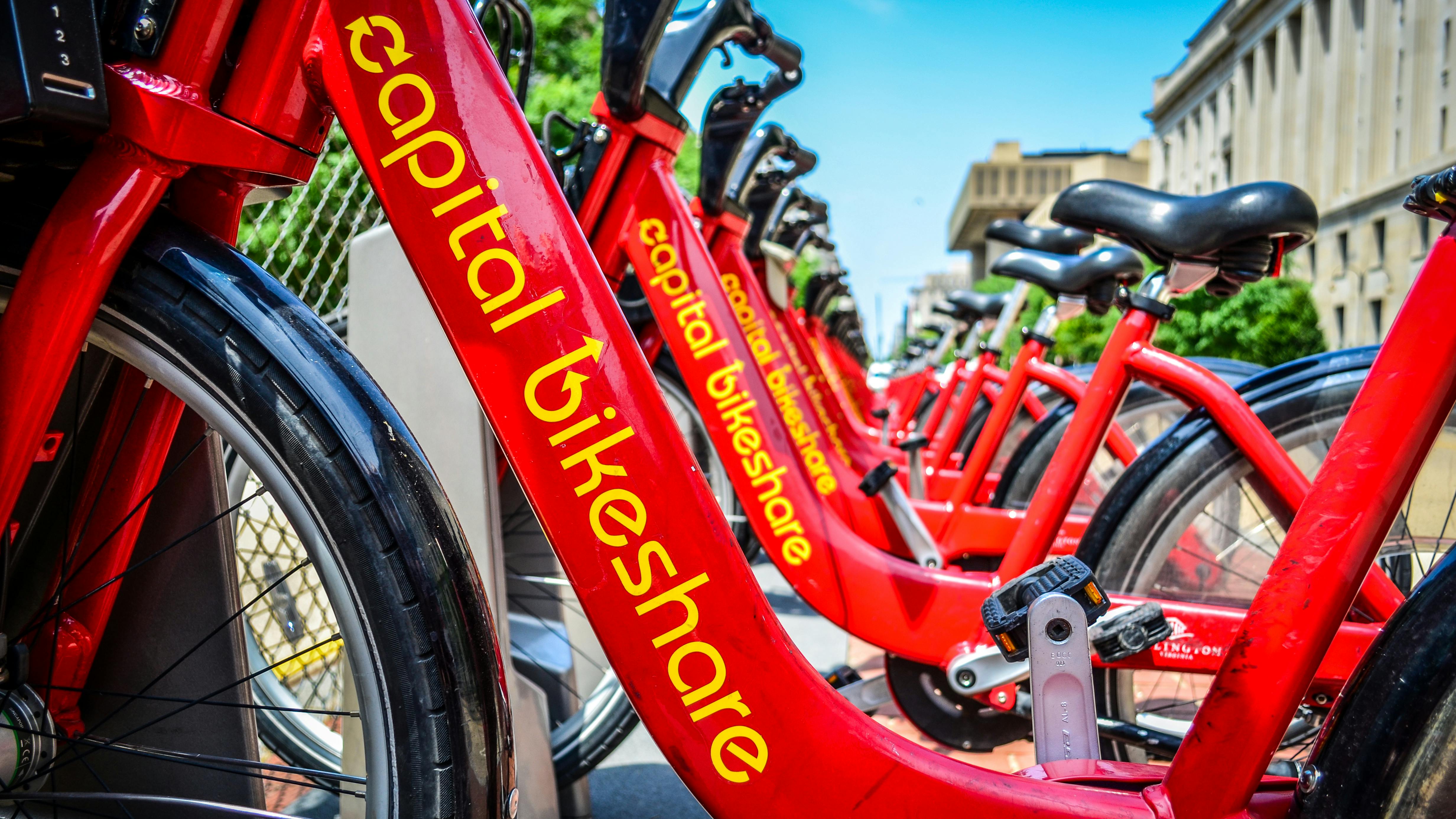 Capital Bikeshare bikes in a docking station.