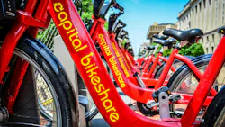Capital Bikeshare bikes in a docking station. Capital Bikeshare bikes in a docking station.