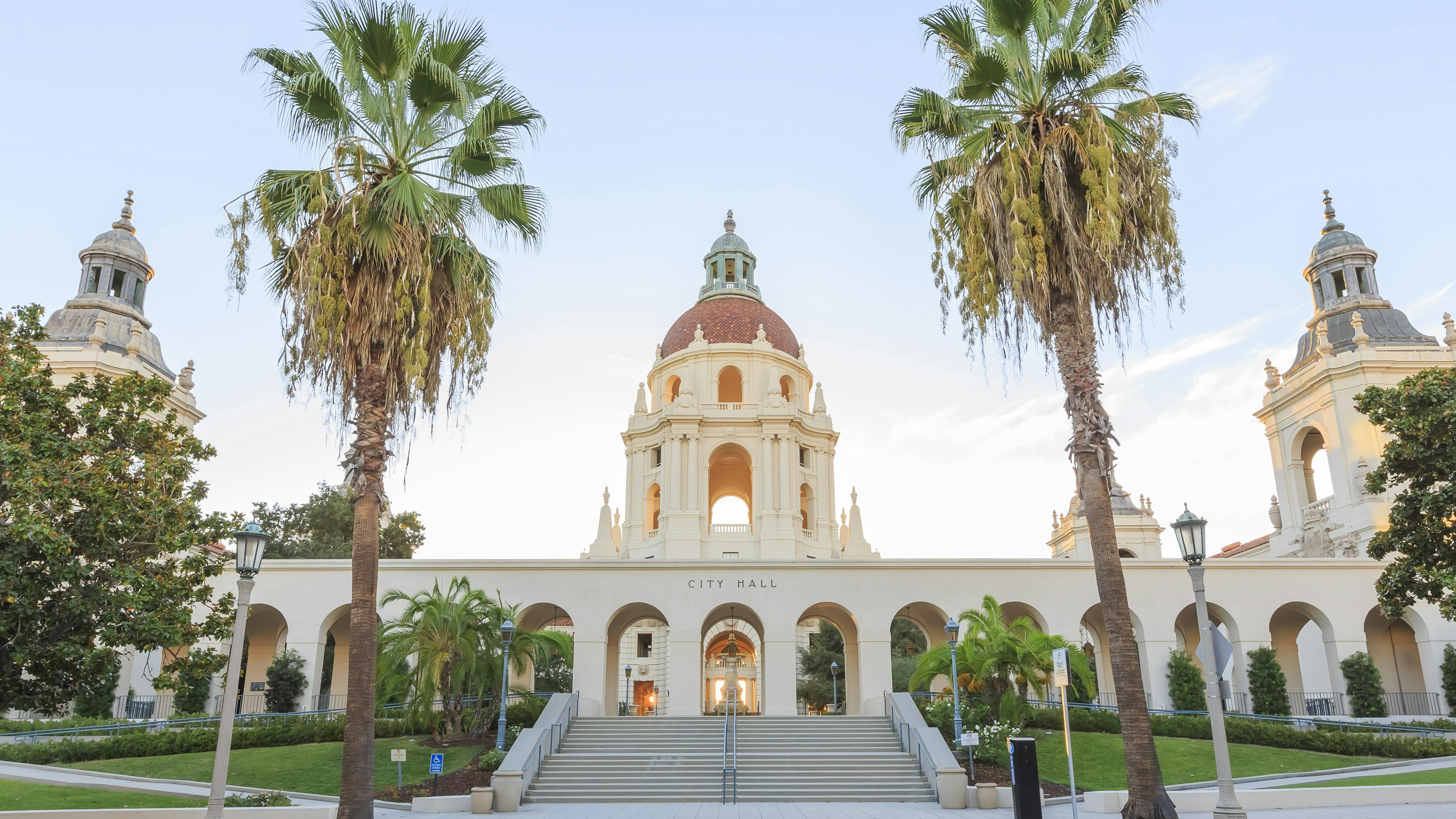 The photo displays Pasadena City Hall.