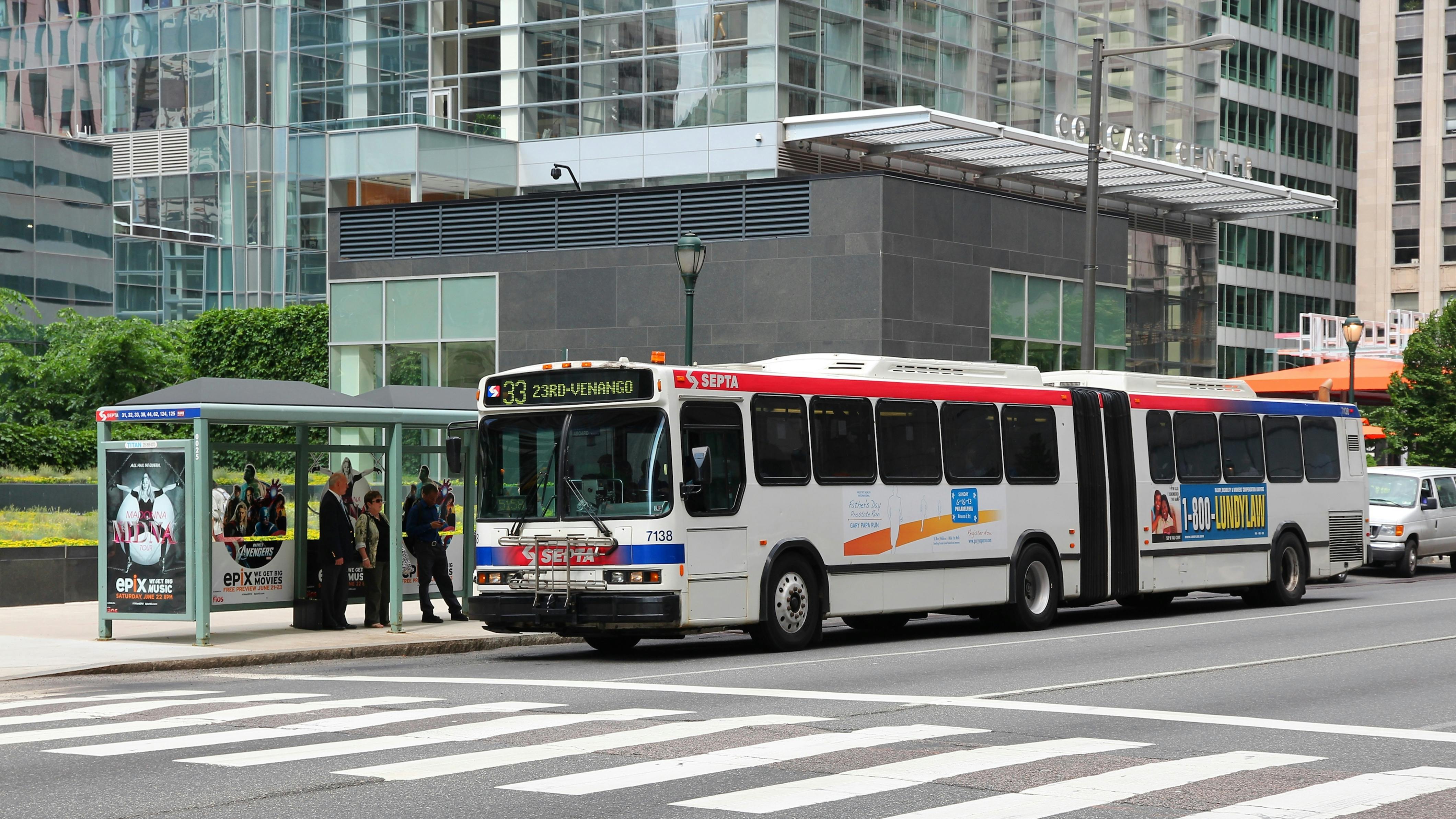 a SEPTA bus drives down a city street