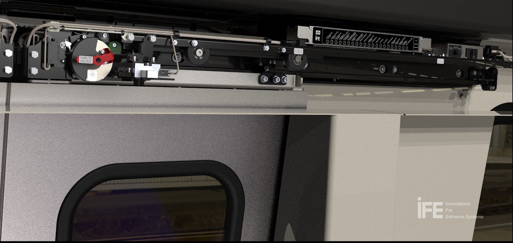 The image shows the inner workings of the Linear Motor Door Drive.