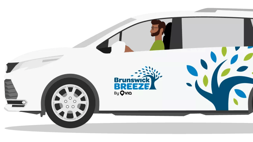 The image shows an animated van bearing the new Brunswick Breeze logo.