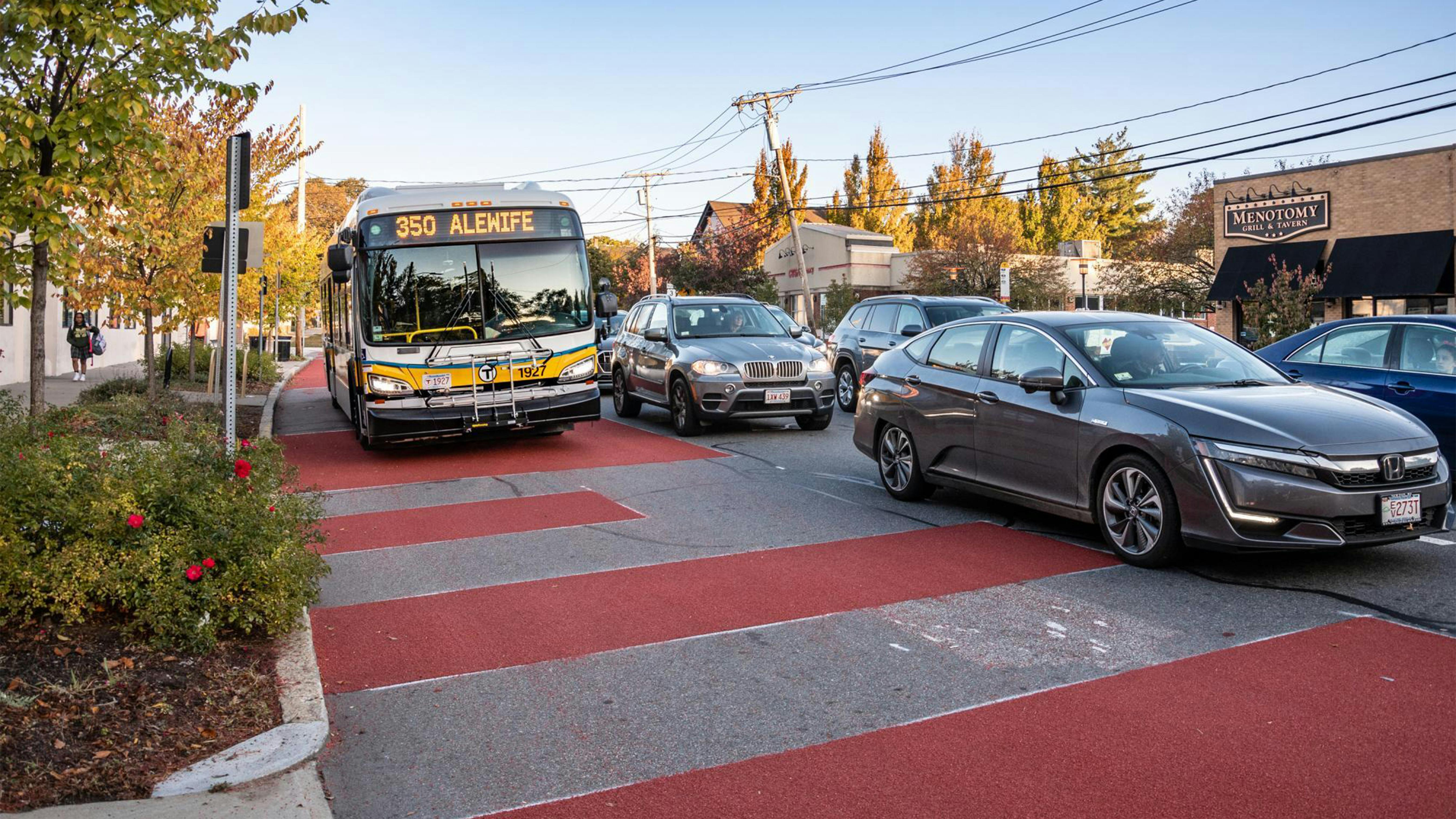 A dedicated bus lane in Arlington, Mass.